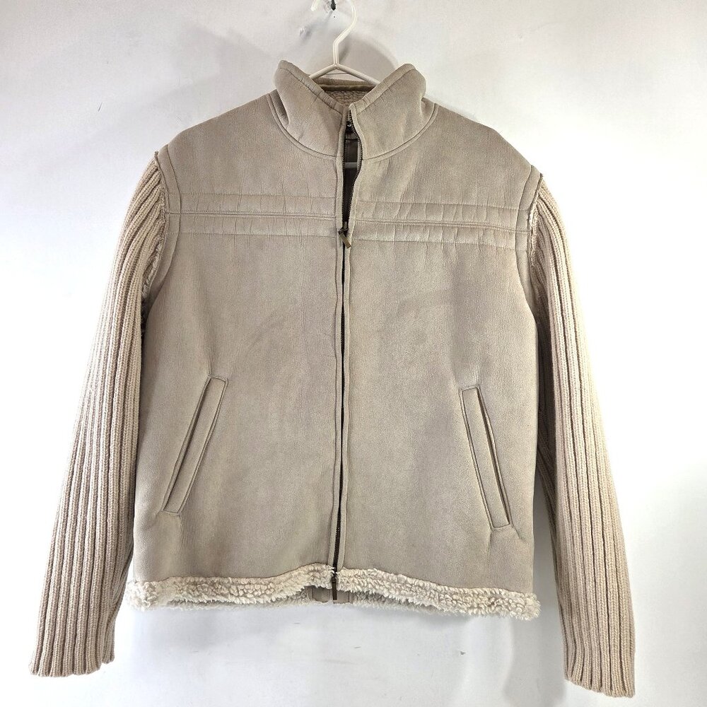 DKNY Jeans Mens Cream Color Shearling Sweater Jacket Wool Sleeves Size Medium